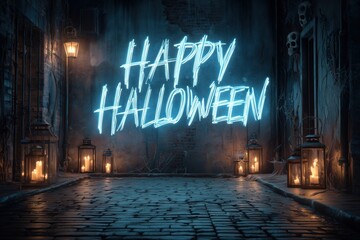 Happy Halloween neon sign illuminated in a spooky alleyway, creating an eerie atmosphere.