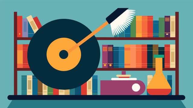 A record cleaning brush sits on a shelf in a music enthusiasts collection of vinyl a staple tool for maintaining their beloved records. Vector illustration