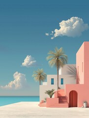 Coastal paradise with pink architecture, palm trees, and stunning blue skies.