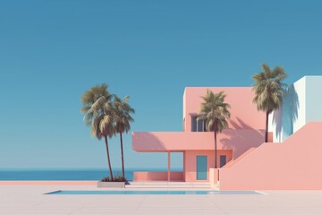A modern pink building with palm trees is framed against a clear blue sky and calm ocean.