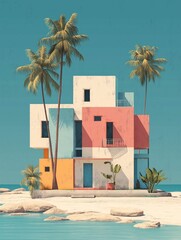 Vibrant abstract house at the beach with palm trees under a clear sky