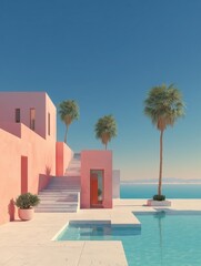 Fototapeta premium A modern pink villa with a pool and palm trees, perfect for a summer getaway.
