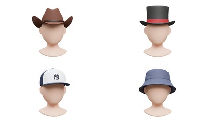 Variety of headwear styles on mannequins