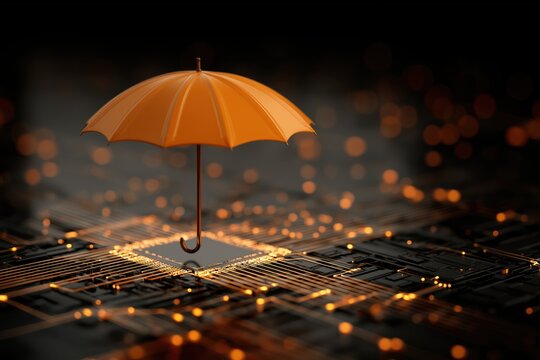 Cybersecurity concept featuring an umbrella over a computer chip, representing data protection.