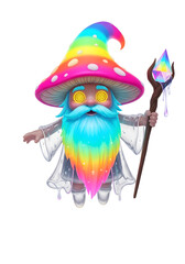 Animated character with rainbow beard and mushroom hat holding a staff with gemstone crystal against transparent background.