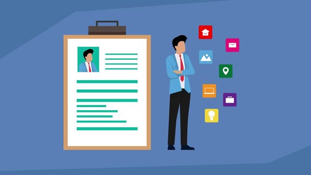 Professional Resume and Candidate Profile with Skills Icons sign cartoon animation