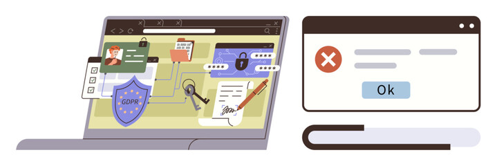 Laptop with GDPR shield, browser keys, lock, profile, and breached data alert window signifying security issues. Ideal for privacy, compliance, security, law risk hacking simple flat metaphor