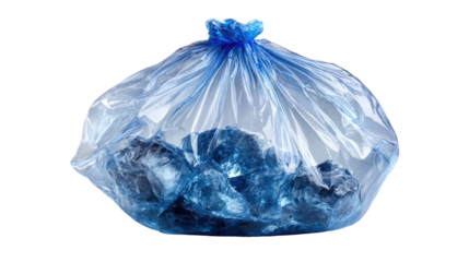 Blue Bag Full of Rubbish: A transparent blue plastic bag filled to the brim with waste, creating a stark contrast against a neutral backdrop, symbolizing waste management, environmental concerns.