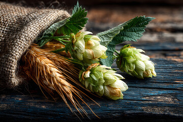 Barley and hop cones on rustic wooden background. Beer brewing ingredients