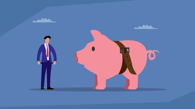 A man with empty pockets standing next to a piggy bank with a tight belt, a concept for financial difficulty, austerity, or budget cuts sign cartoon animation