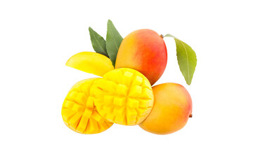 Bright yellow mango slices alongside whole mangoes, isolated on white, PNG