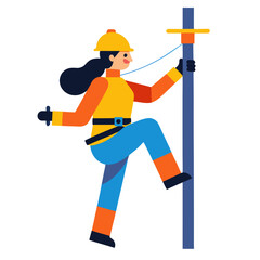 Woman climbs pole wearing safety gear and harness