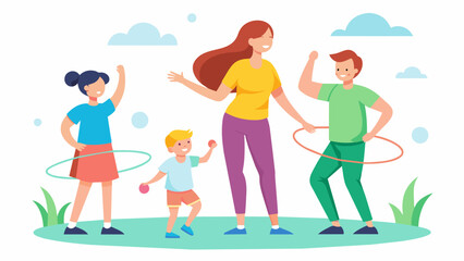 A family with young children using props like hula hoops and jump ropes to make stretching more fun and engaging.. Vector illustration