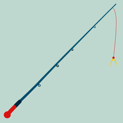 Simple fishing rod with lure on a light blue background