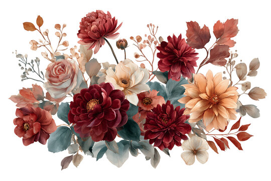 Watercolor painting of a lush bouquet featuring deep red, burgundy, peach, and cream-colored flowers.  The arrangement includes roses, dahlias, and other blooms with varying textures and shapes, PNG