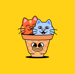 Two adorable cats, one orange and one blue, sitting inside a smiling waffle cone funny cartoon illustration creative vector design is perfect for pet lovers, children themes, or quirky food