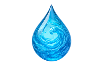 3D blue water drop with internal swirl png image. Abstract liquid droplet with fresh ripple texture. Water drop isolated on transparent background for nature and eco concepts.