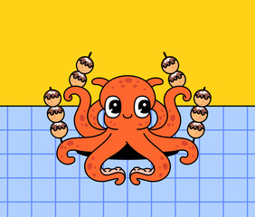 Cute cartoon octopus character holding takoyaki in kawaii style on colorful background