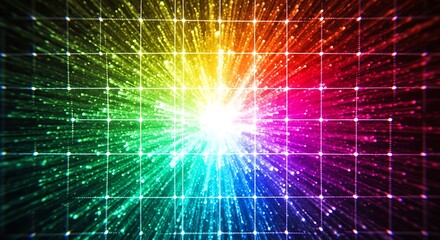 Obraz premium Abstract digital art design featuring radiating rainbow colors and a grid pattern.
