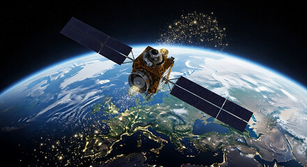 Satellite orbiting Earth on Krishna janmashtami with a stunning view of city lights at night