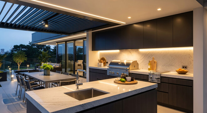 Luxurious modern outdoor kitchen with a stone island BBQ grill and integrated LED lighting on a terrace at dusk.
