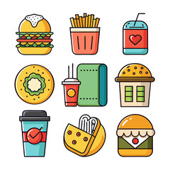 Collection of stylized fast food icons including burgers fries drinks and snacks on a white background