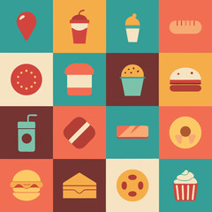A vibrant flat design grid showcasing a variety of popular fast food and dessert icons