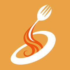 Stylized white fork with orange flames and a white swirl on an orange background