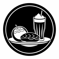 Stylized black and white icon of a meal with an apple pie and milkshake on a plate