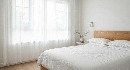 Serene Minimalist Bedroom Bathed in Soft Light from Sheer Curtains