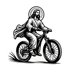 Naklejka premium A black and white illustration of Jesus Christ riding a mountain bike, with a halo behind his head.