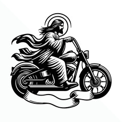 A stylized black and white illustration of Jesus Christ riding a motorcycle, complete with a halo and flowing robes.