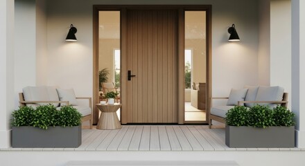 Elegant front entrance of a modern home with a wooden door, sidelights, armchairs, and planters on a porch.