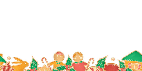 The seamless horizontal border of gingerbread on a white background. Children's style watercolor holiday's illustration.