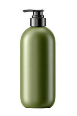A matte olive green pump bottle with a black dispenser is isolated on a white background. The earthy, natural color is perfect for organic or herbal-based products.