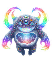 Fantasy creature with numerous eyes rainbow horns and a smiling face set against a transparent background. Vivid colors and intricate details.