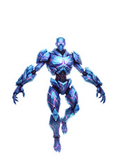 Digitally rendered futuristic humanoid figure with blue and pink pixelated details floating against a transparent background