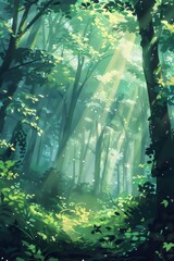 serene forest scene during a bright sunny day, featuring tall trees with vibrant green leaves and sunlight streaming through the canopy. The grassy forest floor is lush and inviting,