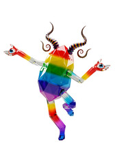 Colorful geometric figure in rainbow hues with outstretched arms against a transparent backdrop