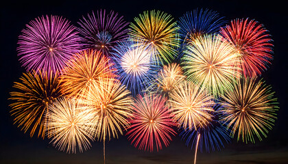 Vibrant fireworks display against a dark night sky, celebrating with colorful bursts of light