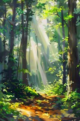 serene forest scene during a bright sunny day, featuring tall trees with vibrant green leaves and sunlight streaming through the canopy. The grassy forest floor is lush and inviting,