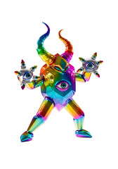 Abstract Digital Artwork Featuring A Geometric Rainbow Demon with Spiked Eyes and Horns on Black Background.