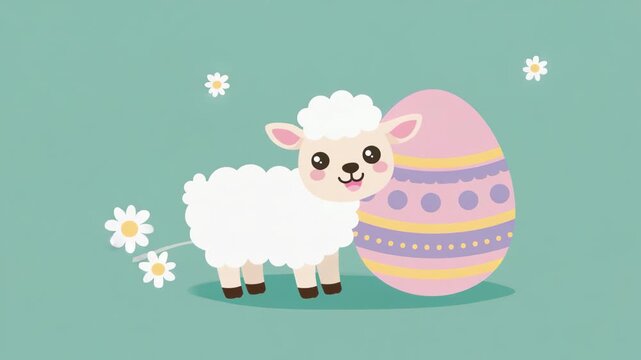 Cute cartoon illustration, Lamb with Easter egg, pastel colors, happy and joyful expression, playful and adorable theme
