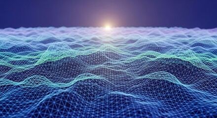 Abstract digital landscape with glowing sun, undulating teal and blue mesh network, representing data or connectivity.