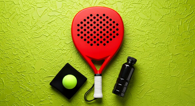 Padel Gear Still Life: Vibrant Red Racket, Ball, Towel, and Hydration Bottle on Textured Green Background, Ready for the Game