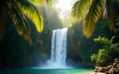 Waterfall with hanging palm branches on a clear sunny day in the middle of the jungle. Subtropics, world tourism. High quality