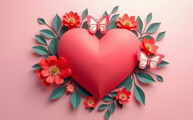World Heart Day concept, beautiful flowers, leaves, and butterflies decorate the human heart, paper illustration, and 3d paper. High quality