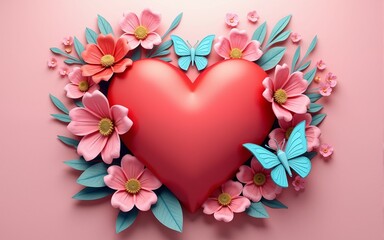 World Heart Day concept, beautiful flowers, leaves, and butterflies decorate the human heart, paper illustration, and 3d paper. High quality