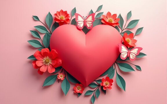 World Heart Day concept, beautiful flowers, leaves, and butterflies decorate the human heart, paper illustration, and 3d paper. High quality - Powered by Adobe