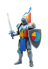 Generic figure in full armor with sword and shield holding a bar graph and pie chart elements against a transparent black background. Illustrative concept.